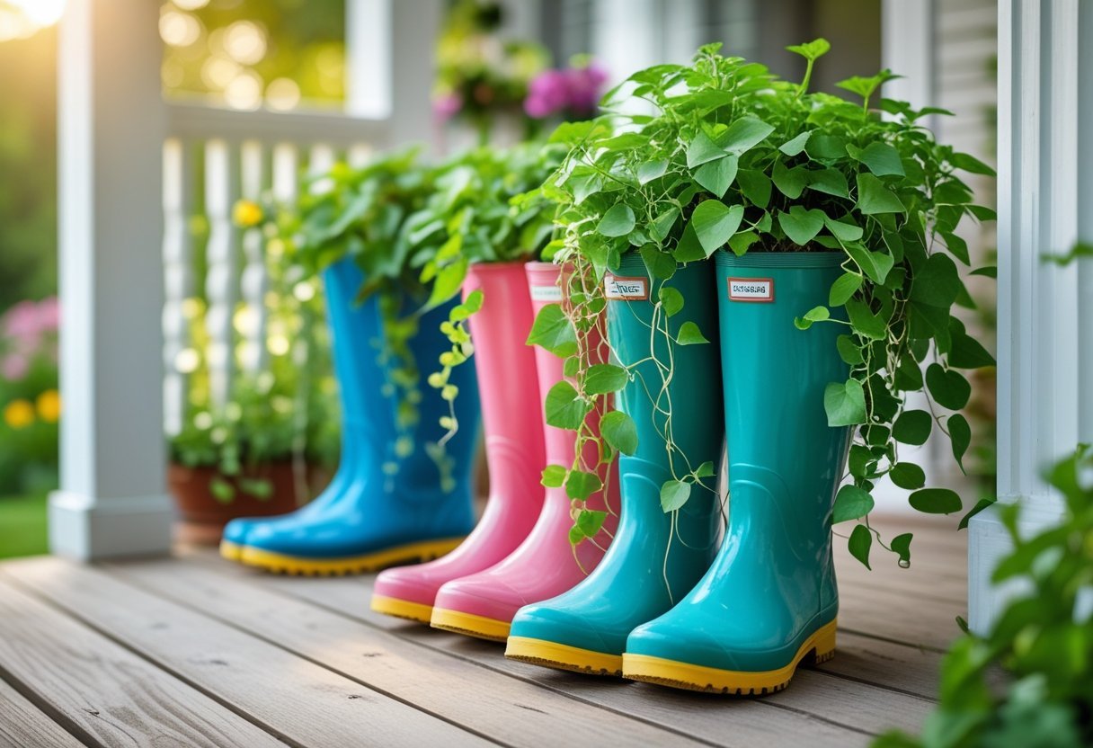 A pair of rain boots filled with trailing green vines sitting on a wooden porch.