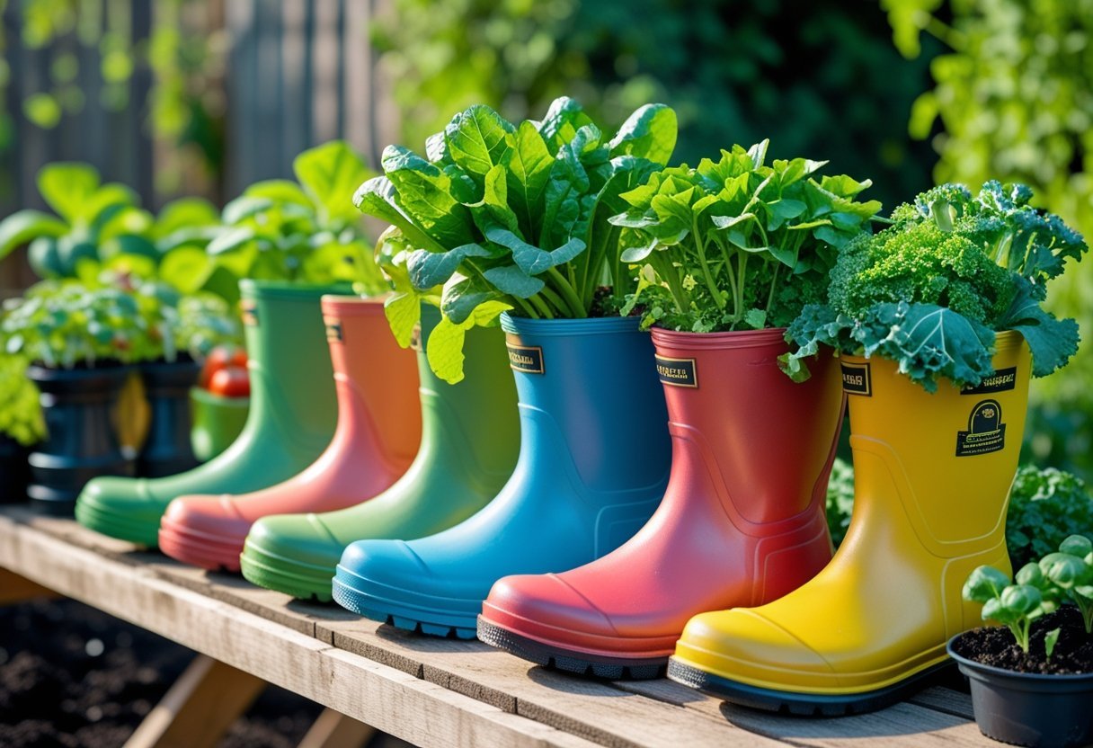Colorful rain boots used as planters filled with vegetable starter plants on a wooden garden table outdoors.