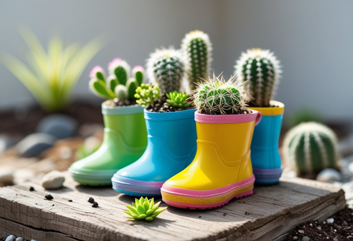 Mini cactus garden planted inside colorful baby rain boots placed on a wooden surface.