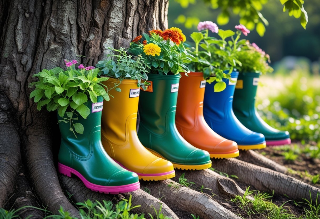 A tree trunk with several colorful rain boots nailed to it, each used as a planter with green plants and flowers growing inside.