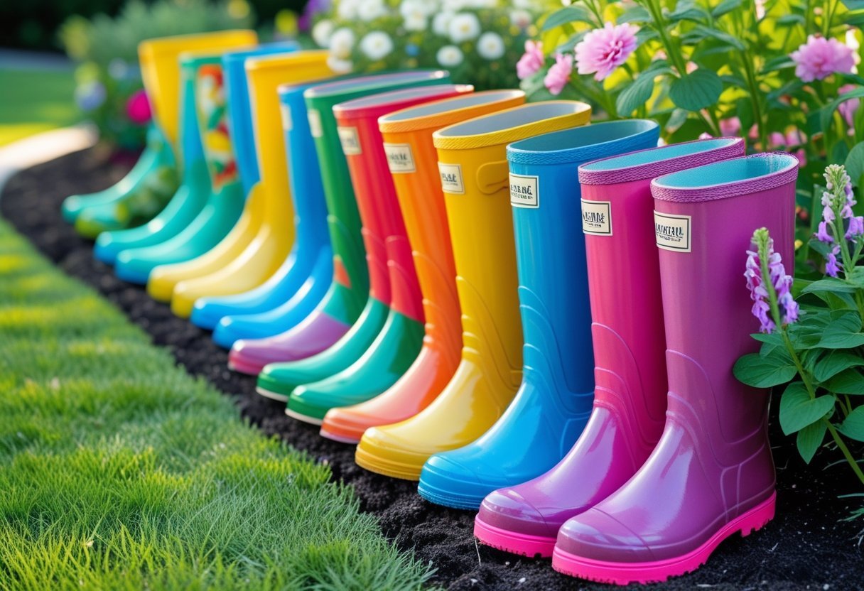 A garden border made from colorful rain boots placed upright around a flower bed with green plants and flowers.