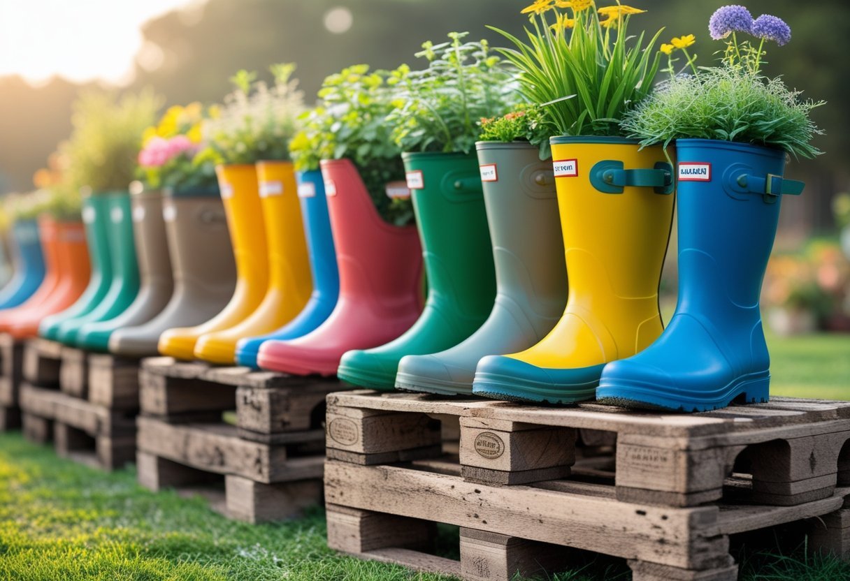 Colorful rain boots filled with plants mounted on old wooden pallets outdoors.