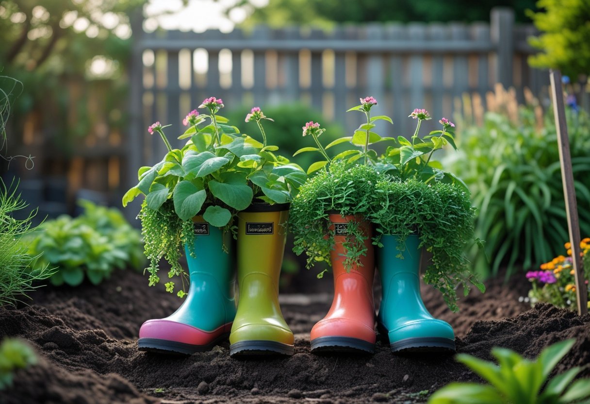 A pair of rain boots filled with plants placed in a garden on soil near a wooden fence.