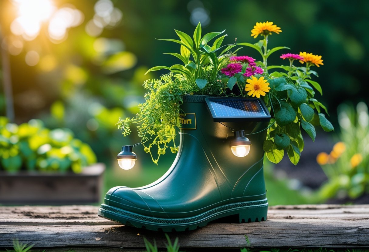 An upcycled rain boot used as a planter with green plants and solar lights in a garden.