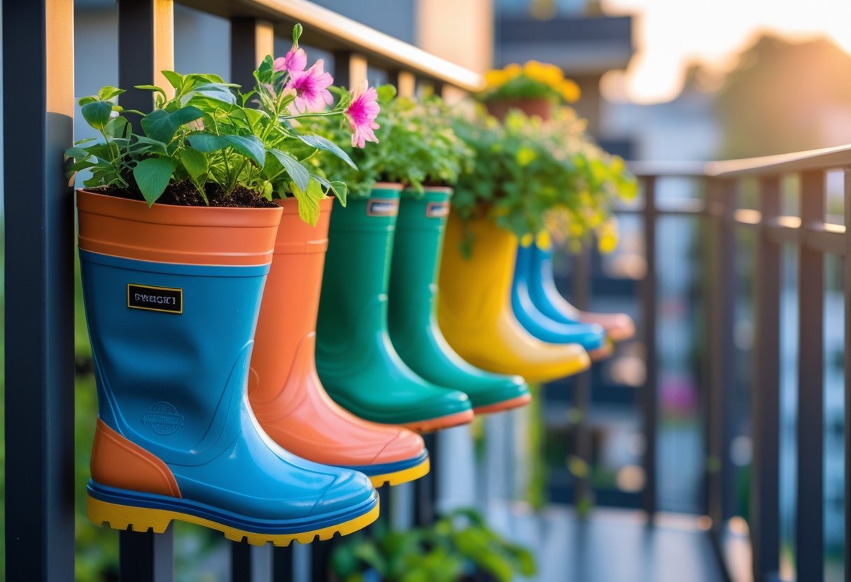 Colorful rain boots hanging on balcony railings, used as planters with green plants and flowers.
