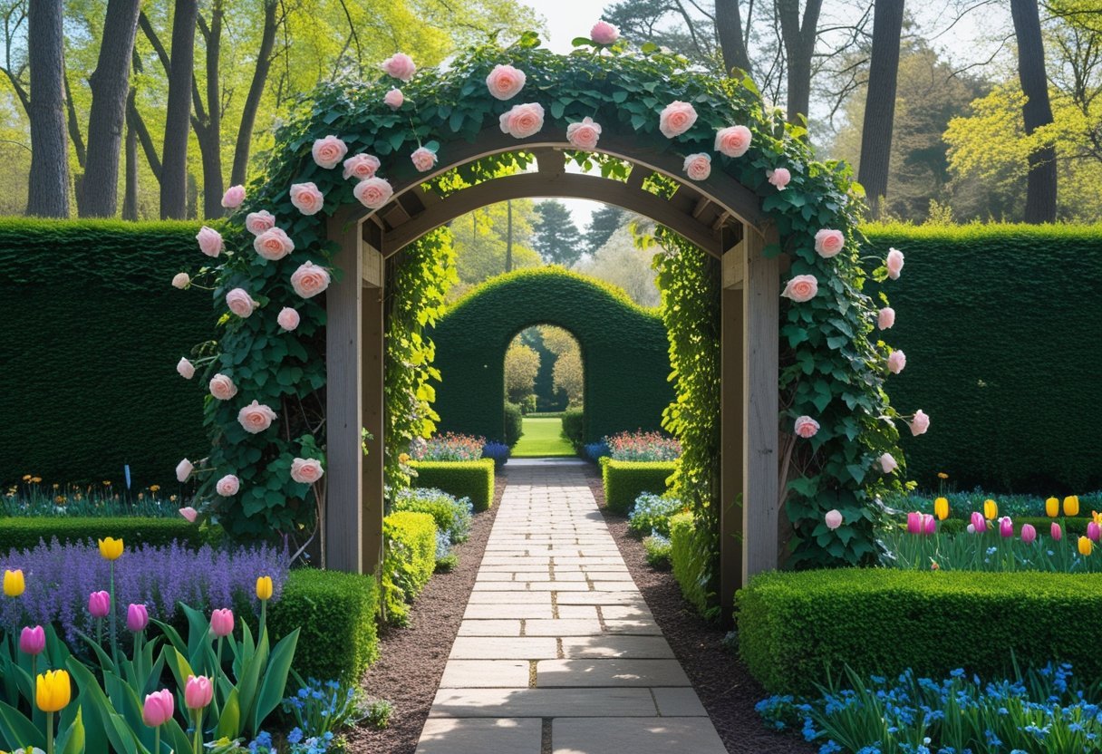 A garden entrance with a wooden arch covered in climbing roses, surrounded by trimmed hedges and colorful flowers, leading to a stone pathway into a sunny garden.