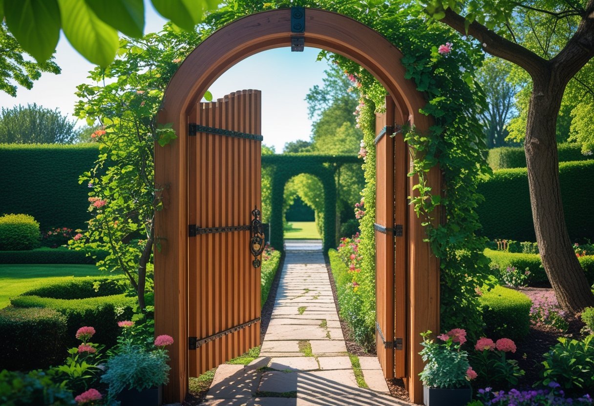 An arched wooden gate at the entrance to a garden surrounded by green plants and colorful flowers.
