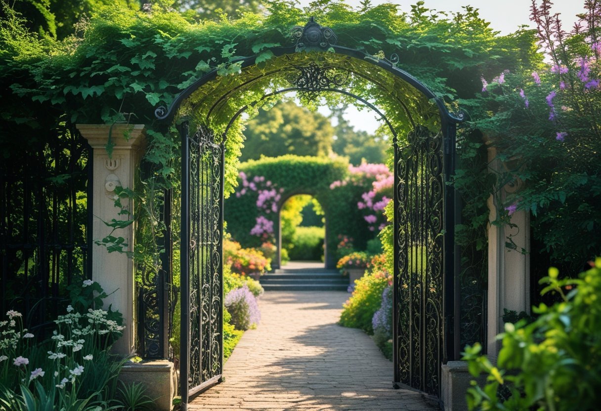 A wrought iron garden gate partially covered with climbing vines, leading into a lush garden with flowers and greenery.