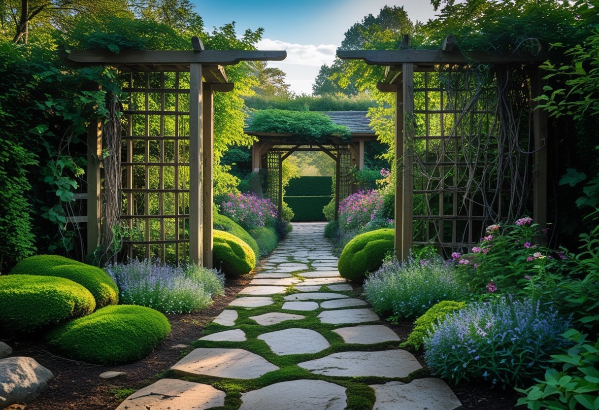 A stone pathway surrounded by green plants and flowers leading into a garden entrance with wooden trellises and climbing vines.
