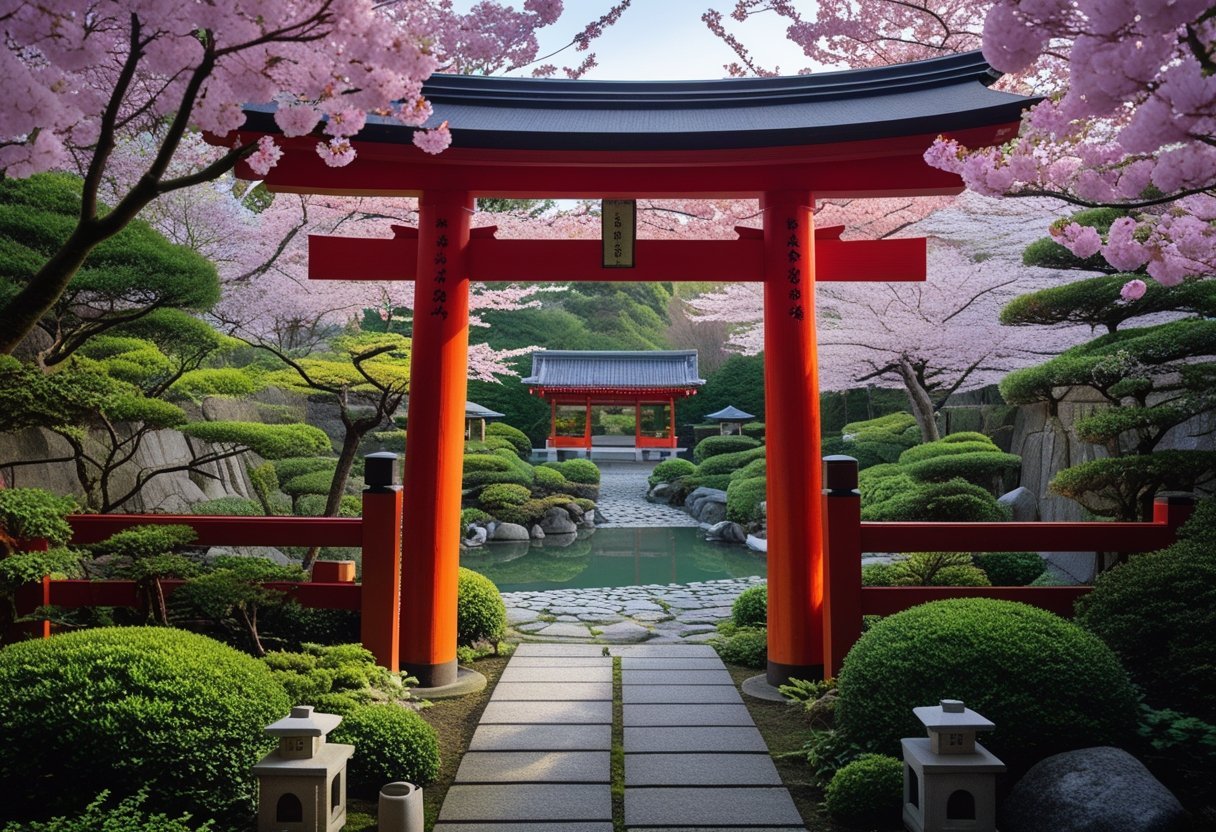 A traditional red Japanese Torii gate at the entrance of a garden surrounded by green plants and cherry blossom trees with a stone pathway leading through it.