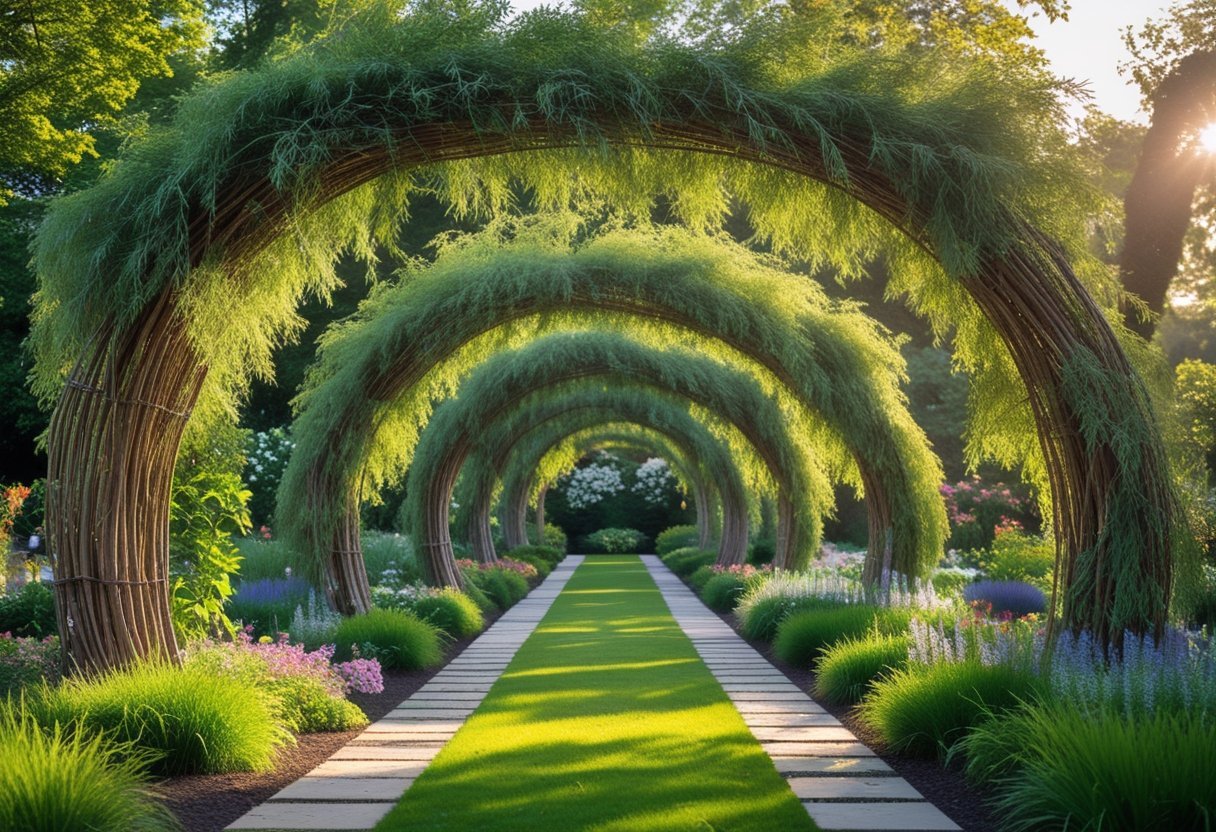 Five living willow archways forming entrances to garden paths surrounded by green plants and flowers.