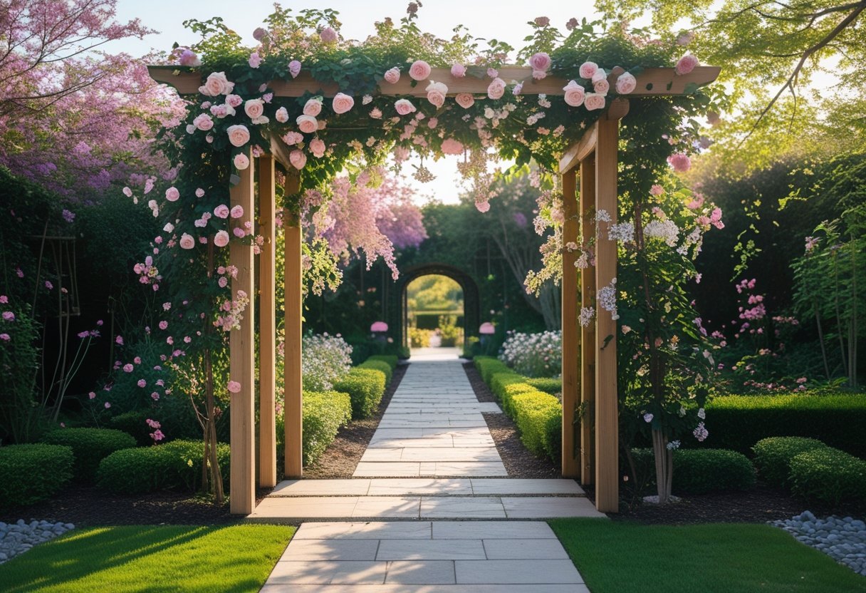 A garden entrance with a wooden floral trellis covered in blooming flowers over a stone pathway surrounded by greenery.