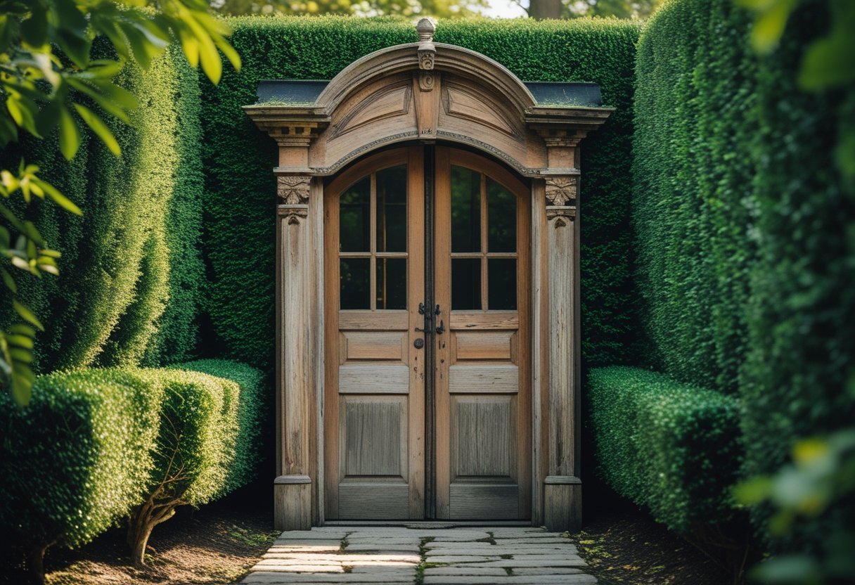 A vintage wooden doorway framed by dense green hedges at the entrance of a garden with a stone pathway.