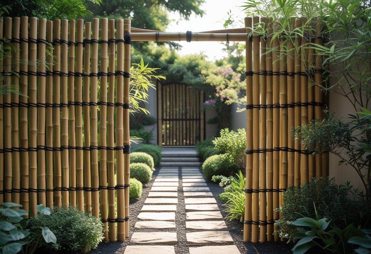 A bamboo screen gate at the entrance of a garden with green plants and a stone pathway leading inside.