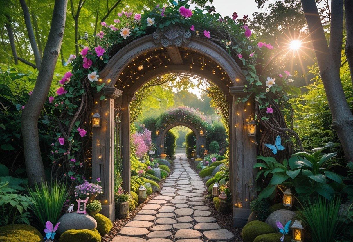A garden entrance with a wooden arch covered in flowers and vines, surrounded by plants and soft sunlight.