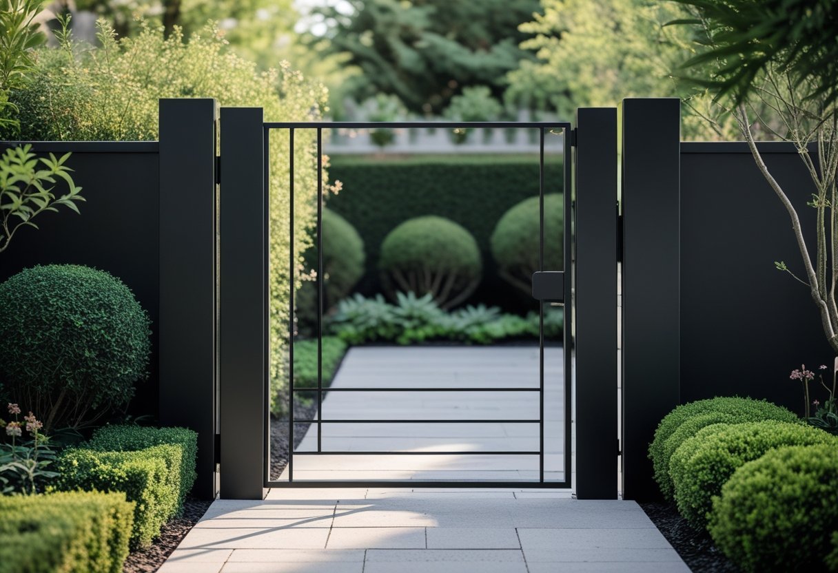 A black metal garden gate with simple geometric design opening to a pathway surrounded by green plants and bushes.