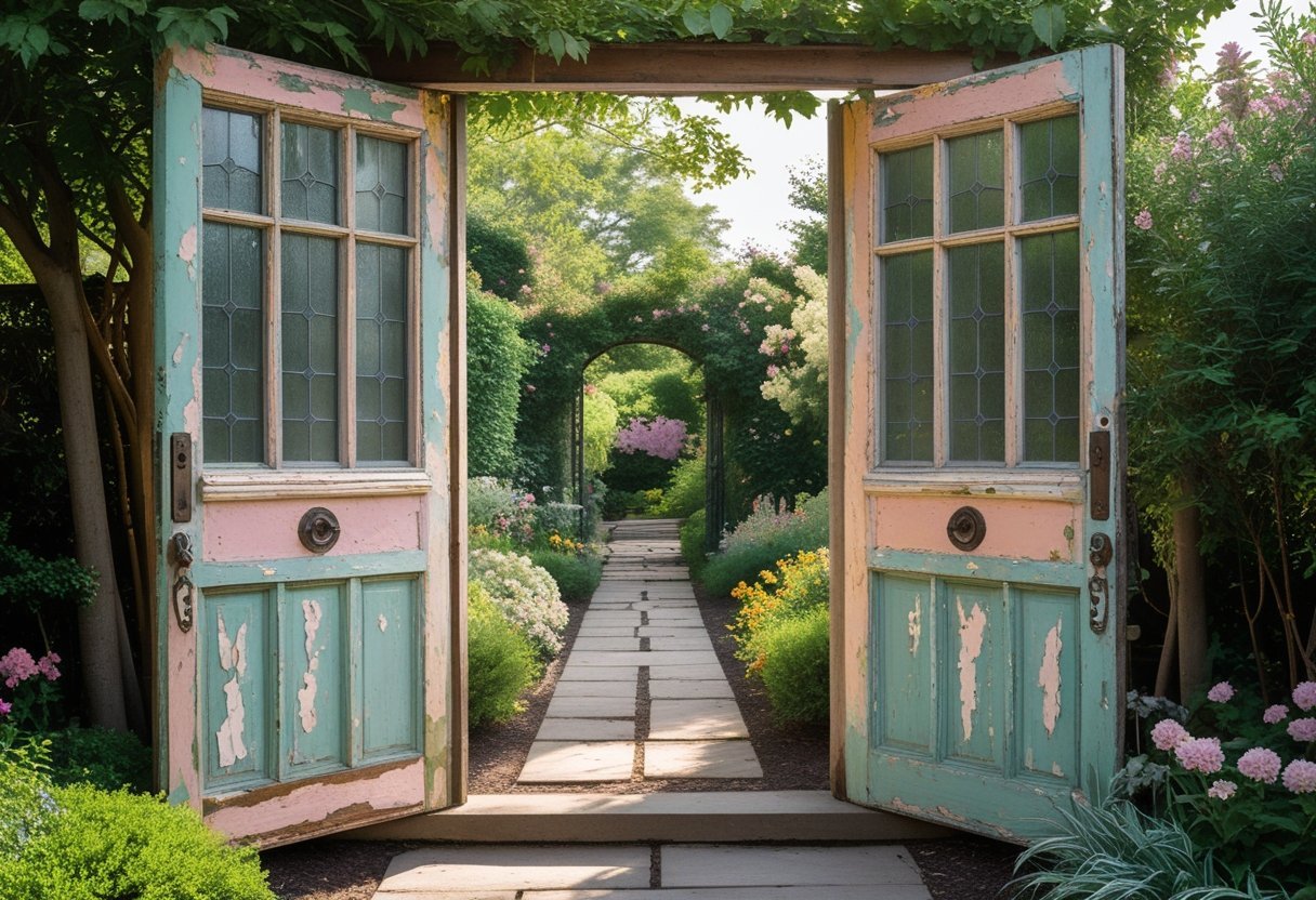 An open garden entrance made from old wooden doors leading to a vibrant garden with flowers and greenery.