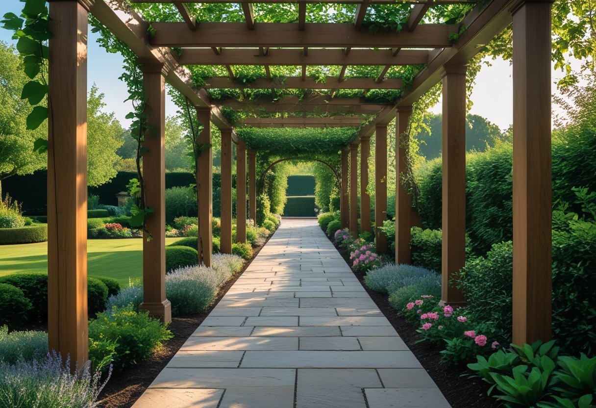 A pergola-covered stone walkway leading into a garden with green vines and flowering plants surrounding the path.