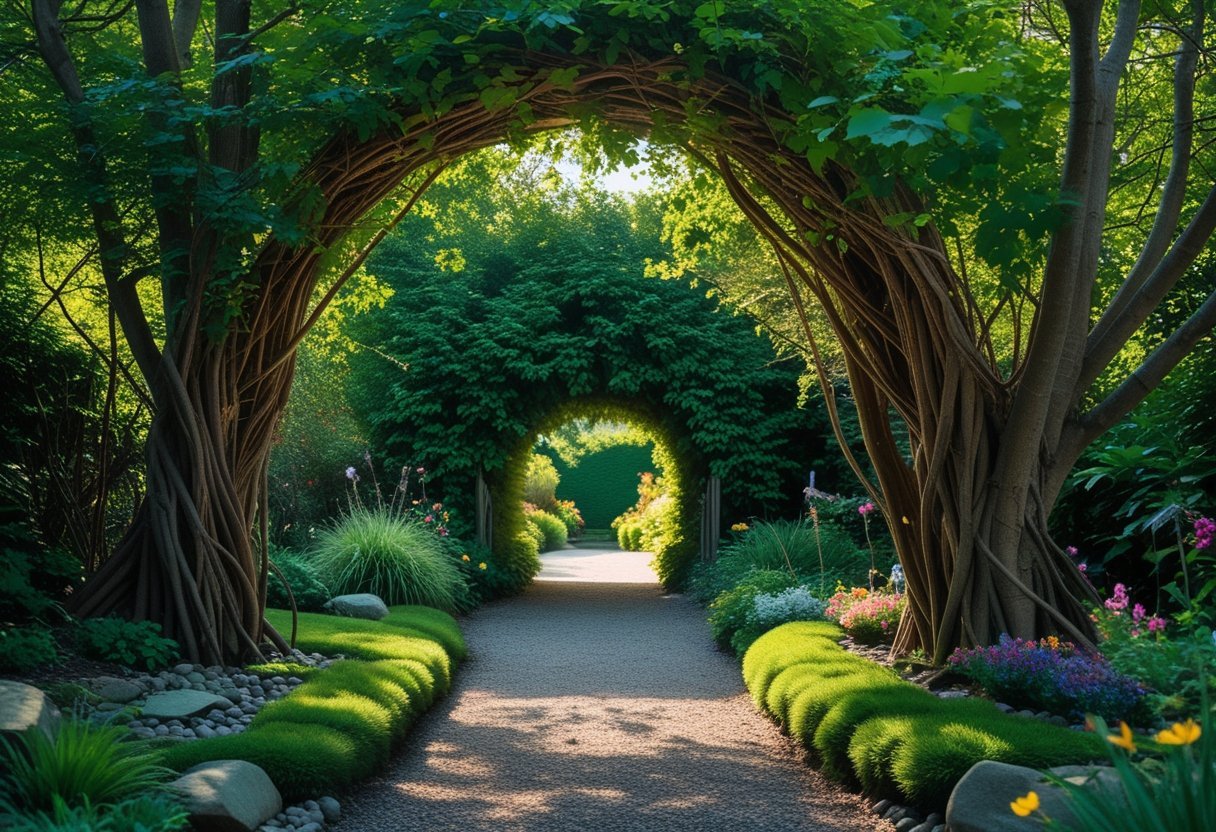 A garden entrance formed by a natural tunnel of intertwined tree branches and green foliage with sunlight filtering through.