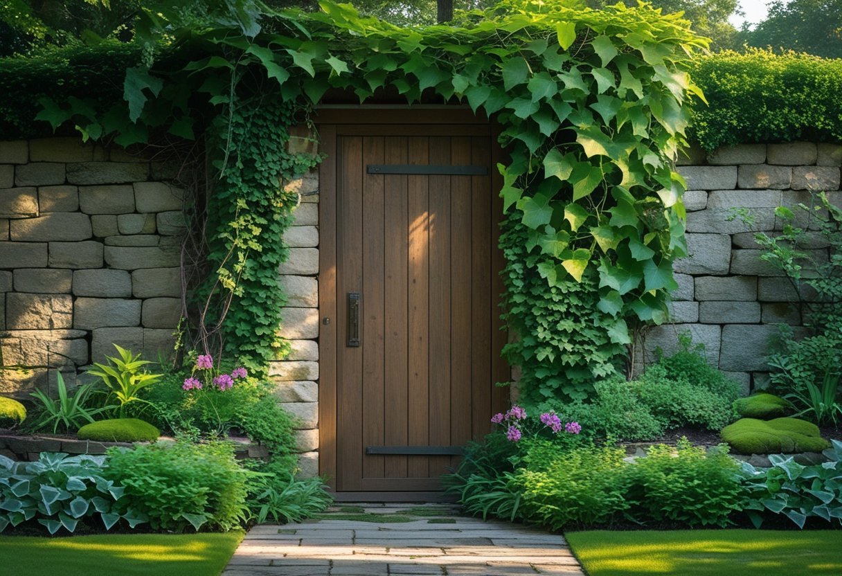 A rustic wooden door hidden within a dense green wall garden covered with ivy and flowers.