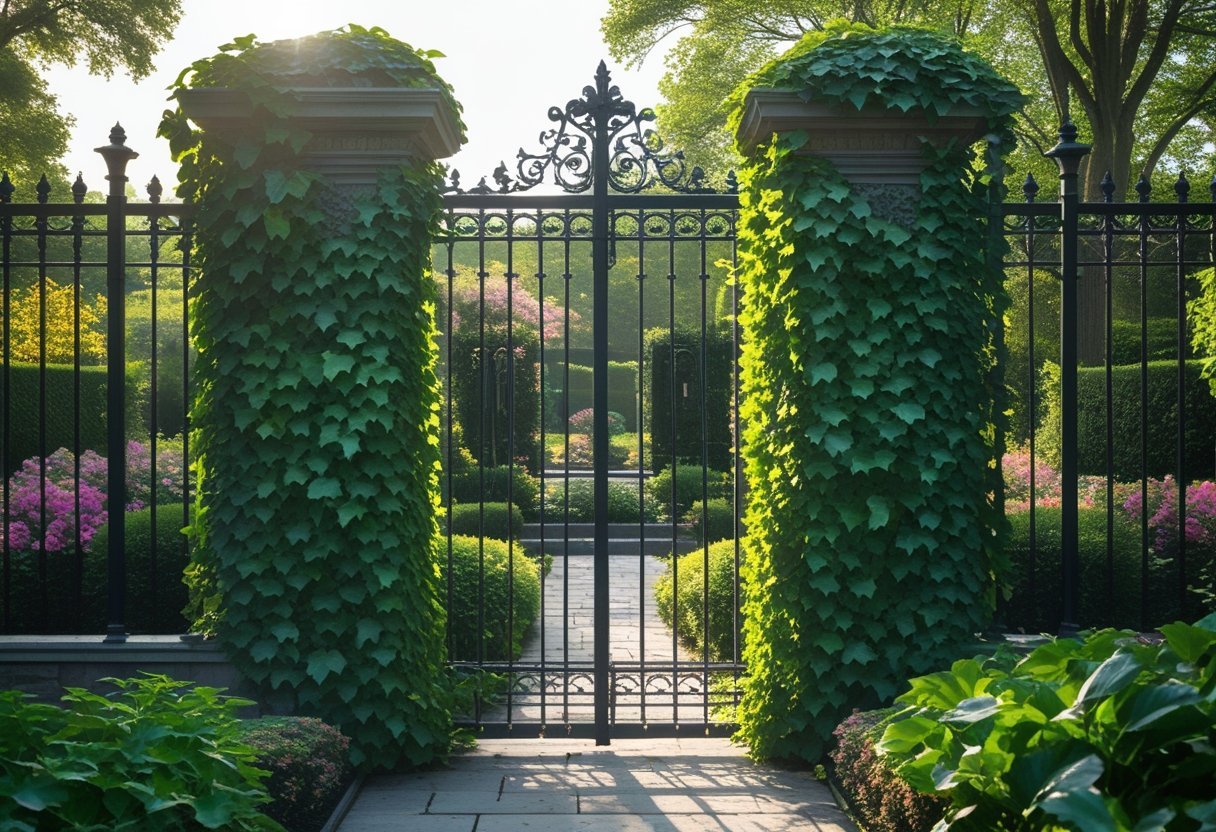 An iron fence gate covered in green ivy at the entrance to a garden with flowering plants and a stone pathway.