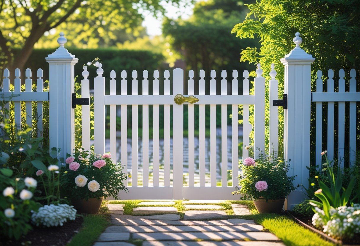 Open white picket fence gate leading to a garden with flowers and greenery under sunlight.