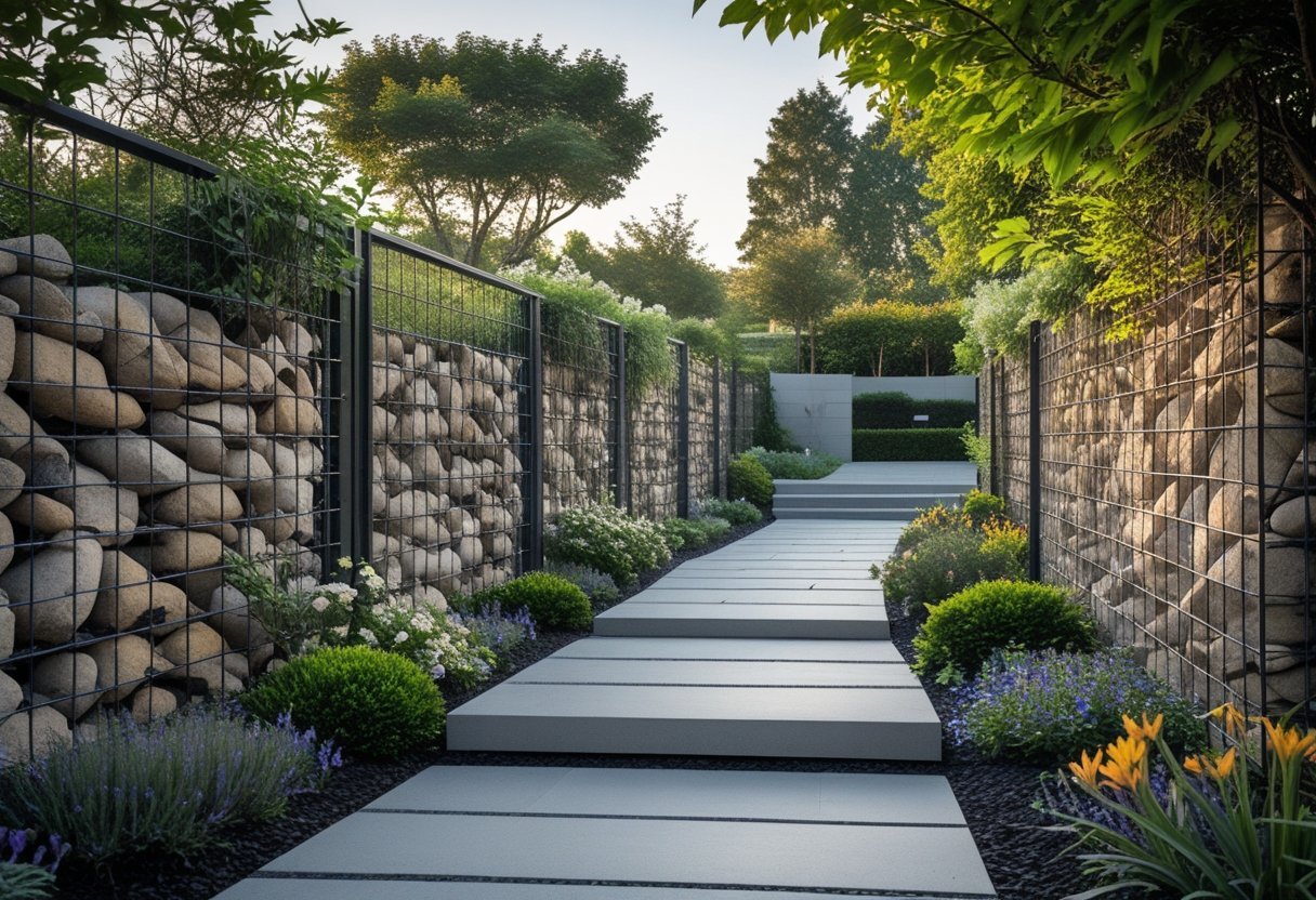Garden entrance with a gabion stone wall, paved pathway, and surrounding plants and flowers.