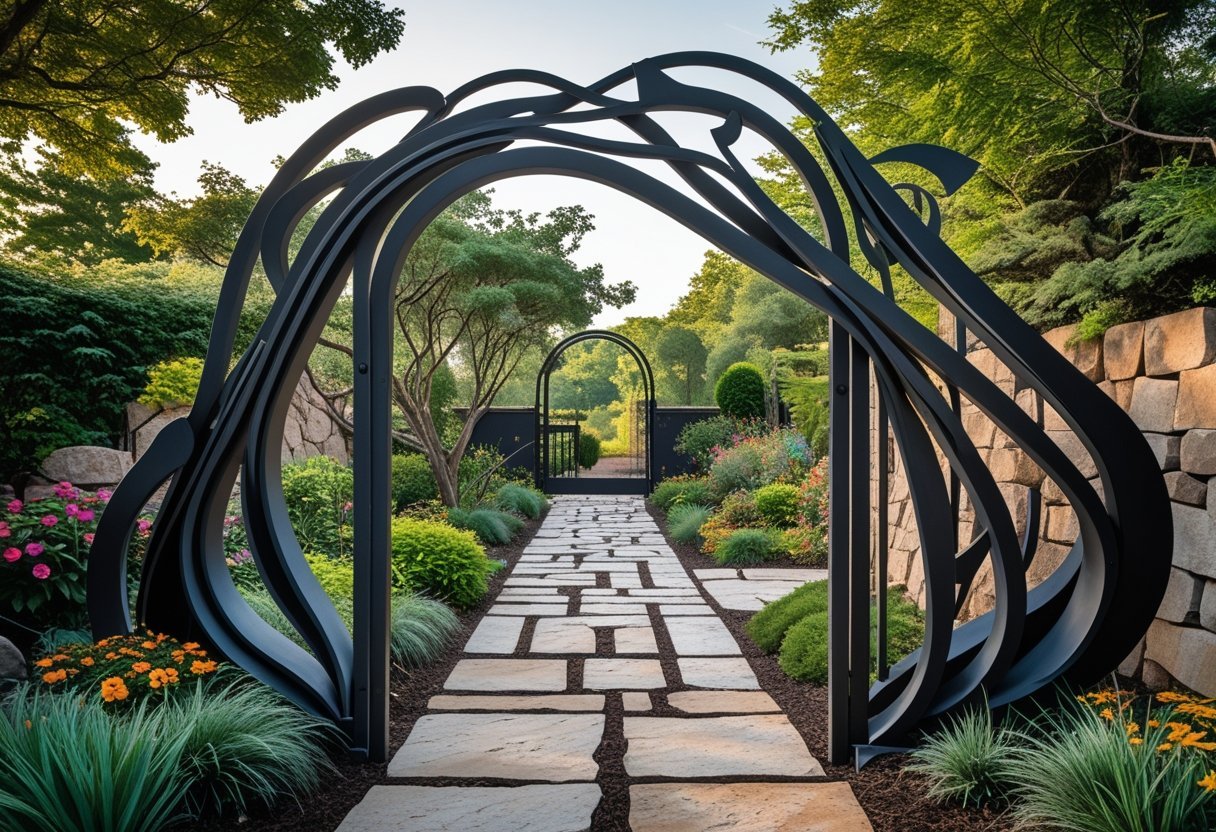 A decorative metal gate at the entrance of a garden surrounded by plants and flowers.