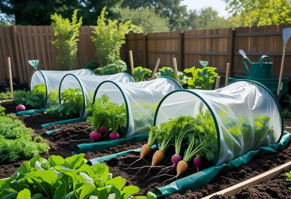 A backyard garden with several DIY tunnels covered in plastic sheeting protecting rows of growing root vegetables like carrots and beets.