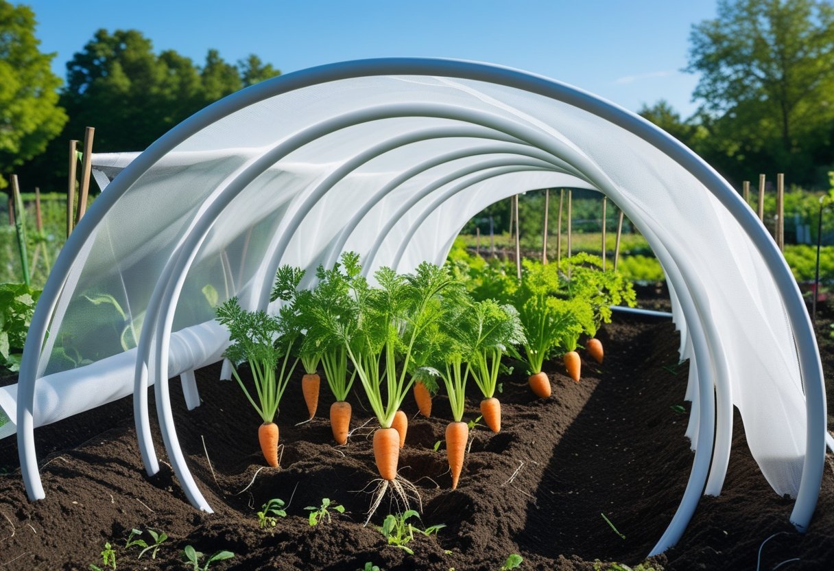 A garden bed with white PVC pipe hoops forming a tunnel covered by protective mesh, with young root vegetables growing underneath.