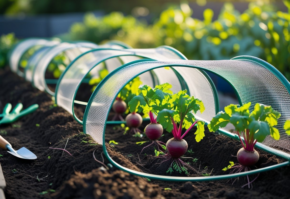 Wire mesh tunnels covering rows of young root vegetable plants in a garden bed.
