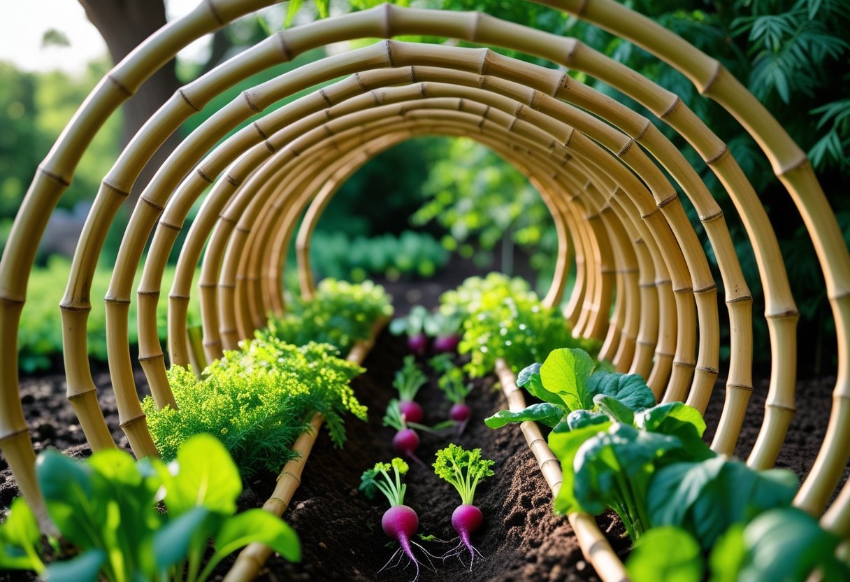 A bamboo stick tunnel over a garden bed with root vegetables growing underneath.