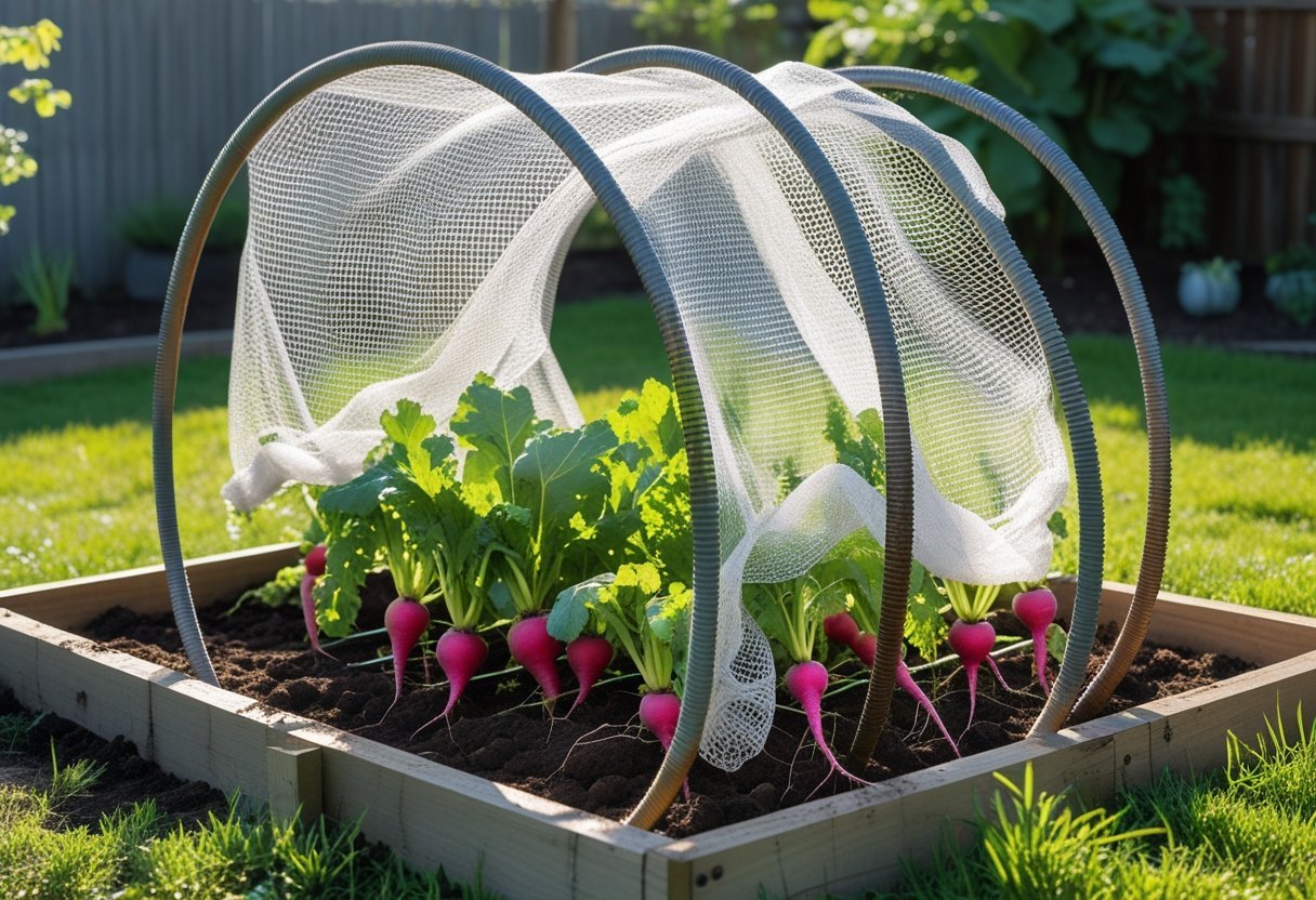 A garden tunnel made of curved rebar and netting covering young root vegetables growing in a raised bed.