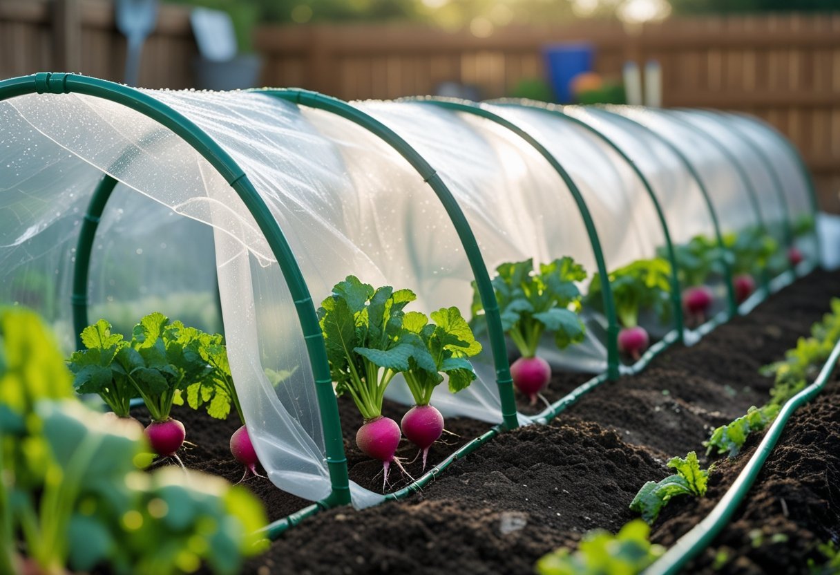 A garden with flexible conduit tunnels covered in clear plastic protecting young root vegetables growing in soil beds.