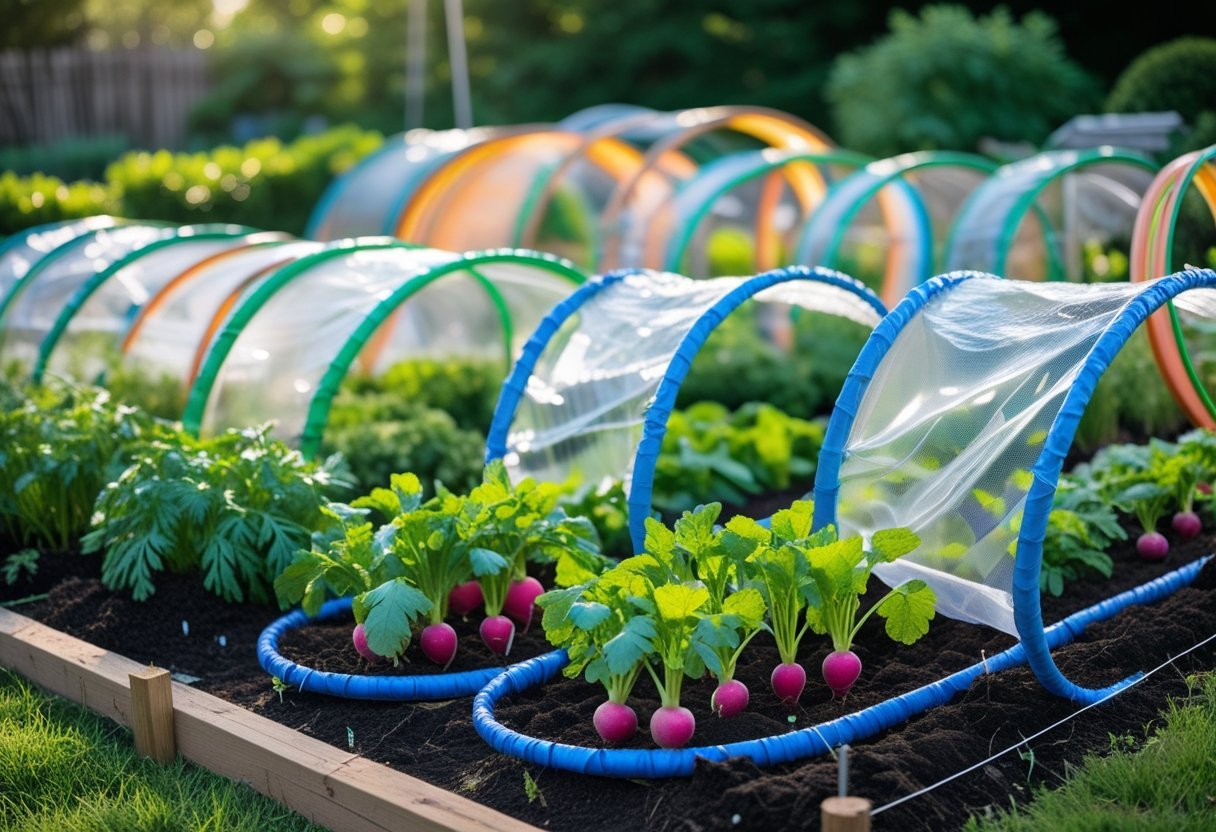 A garden with old colorful hula hoops arranged as tunnels over rows of growing root vegetables in soil.