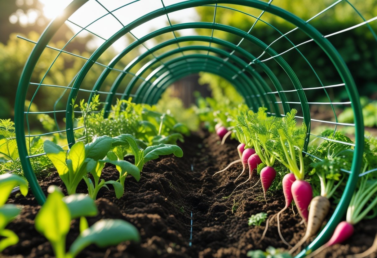 A garden with a tunnel made of green tomato cages covering young root vegetables growing in soil.