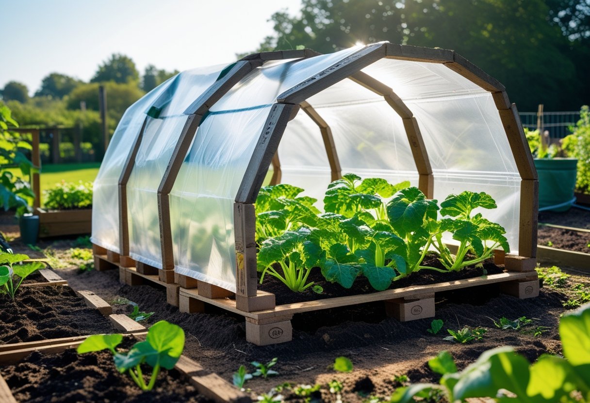 A garden with a tunnel made from recycled wooden pallets covered in plastic, protecting root vegetables growing inside.