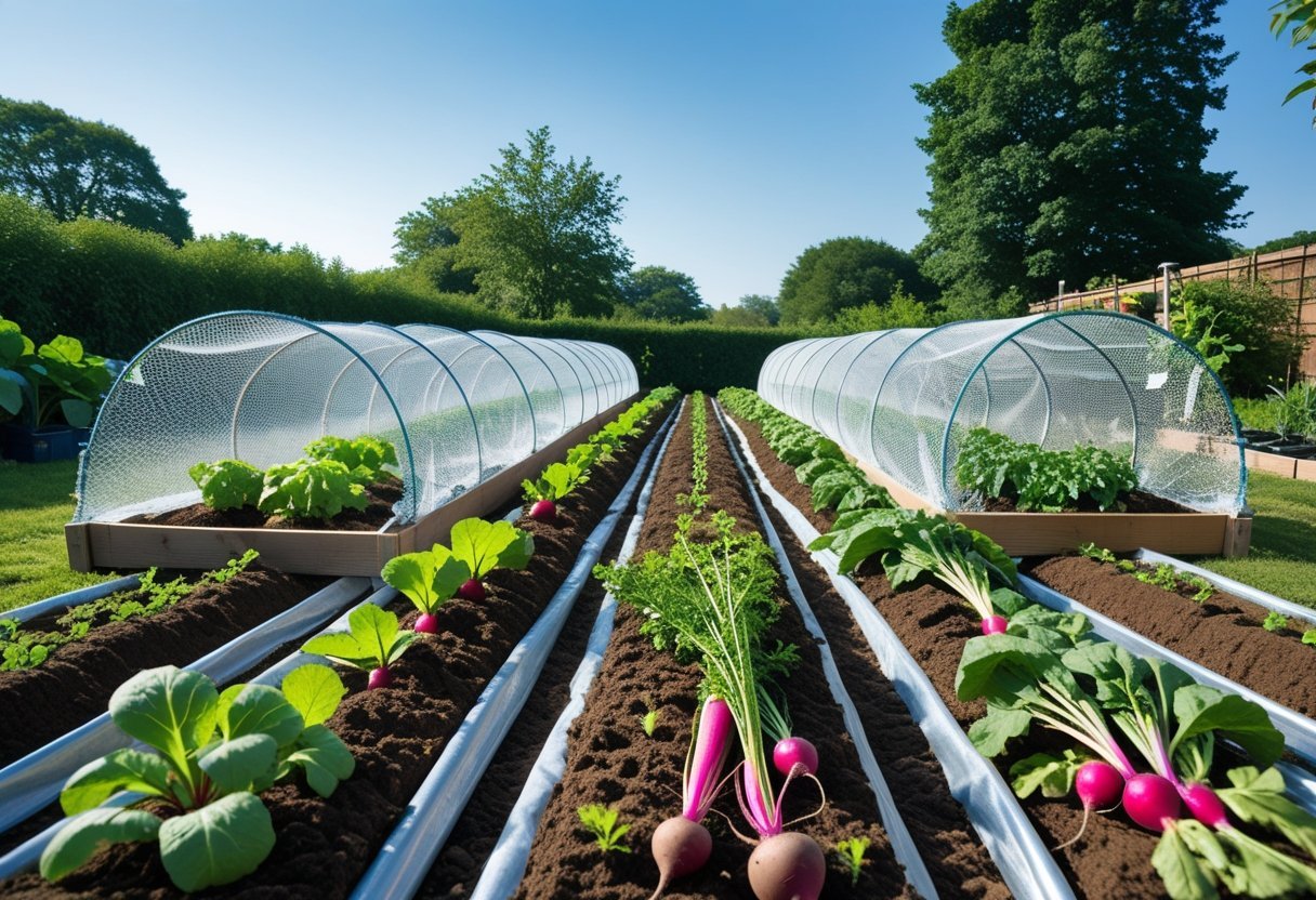 Rows of soil beds covered with chicken wire tunnels protecting growing root vegetables in a sunny garden.