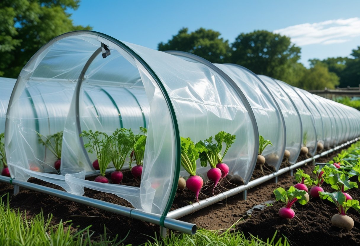 A garden with clear plastic greenhouse tunnels covering rows of young root vegetable plants supported by metal frames.