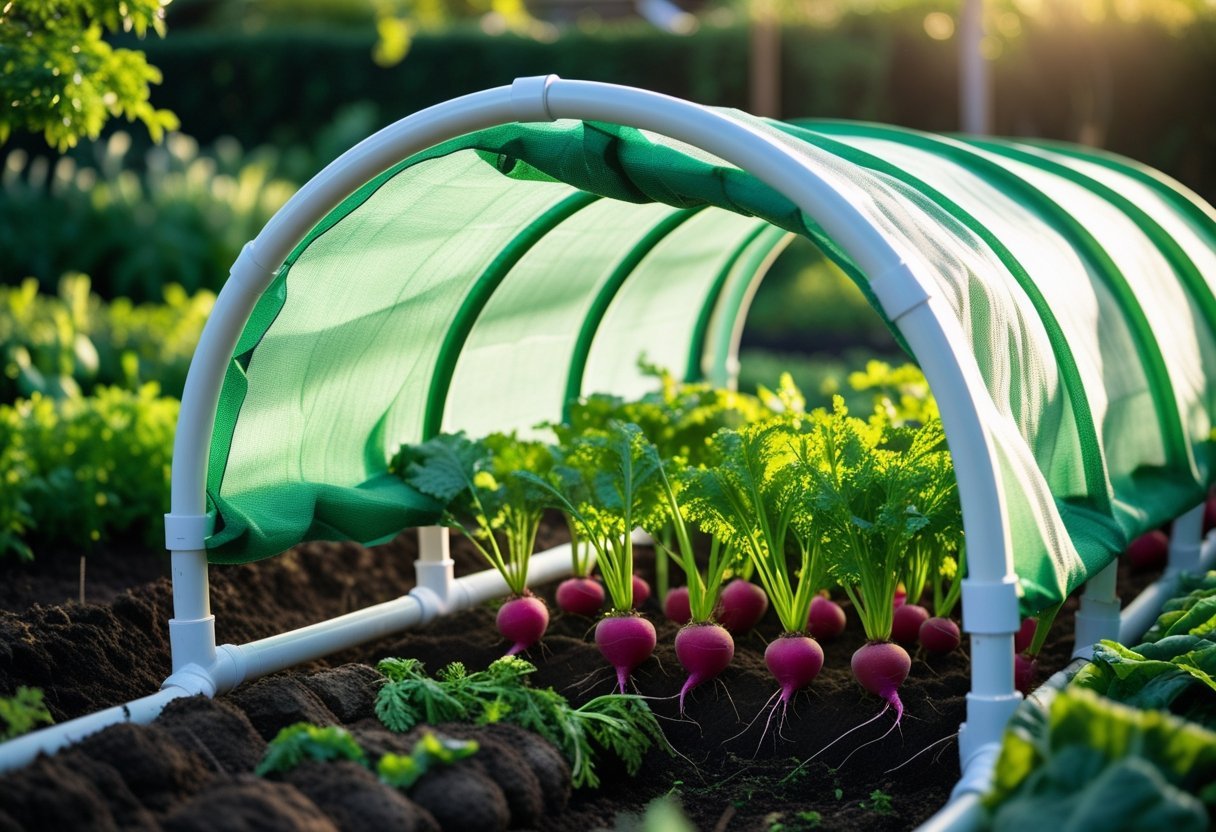 A garden bed with root vegetables growing under a PVC pipe tunnel covered with green shade cloth.