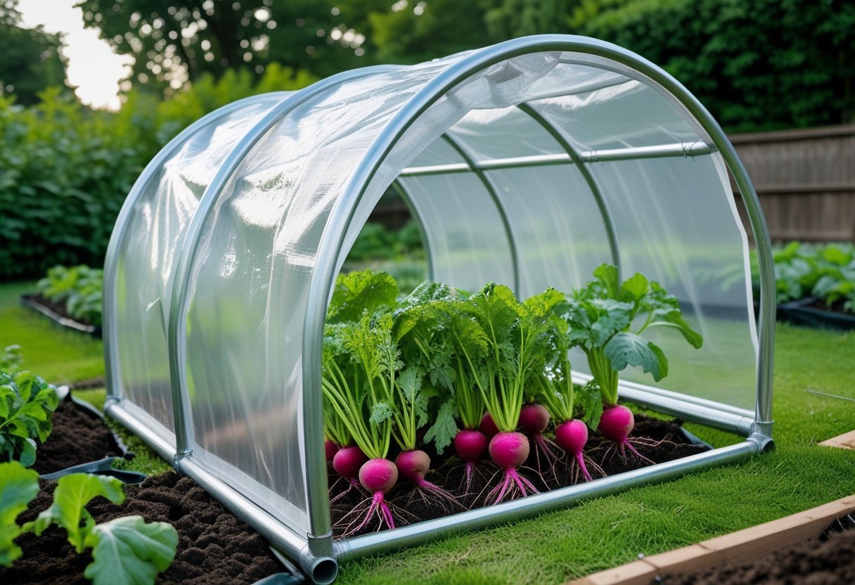 A galvanized steel tunnel covering root vegetables growing in a garden bed outdoors.