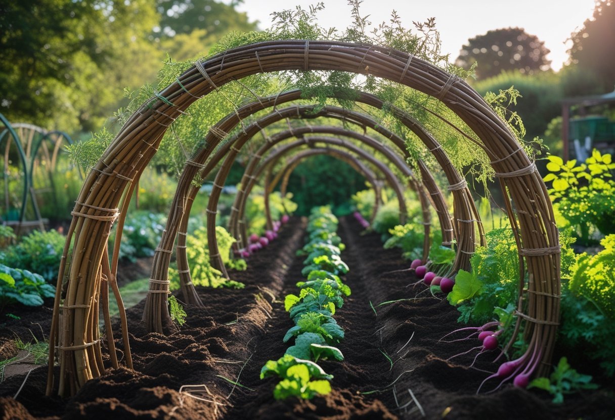 A garden with rows of soil beds covered by arched tunnels made from woven willow branches, prepared for planting root vegetables.