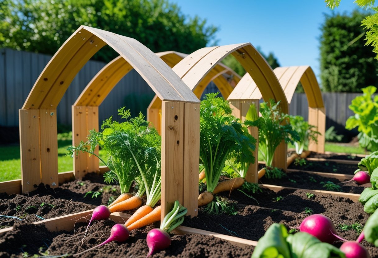 Outdoor garden with wooden fence panel tunnels covering beds of growing root vegetables under a clear sky.