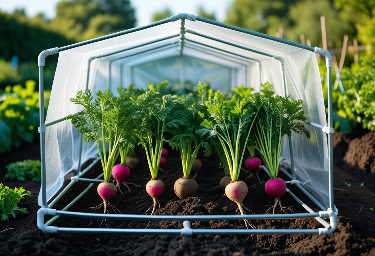 A garden bed with a DIY tunnel made from bent clothes hanger frames covering rows of root vegetables growing in soil.