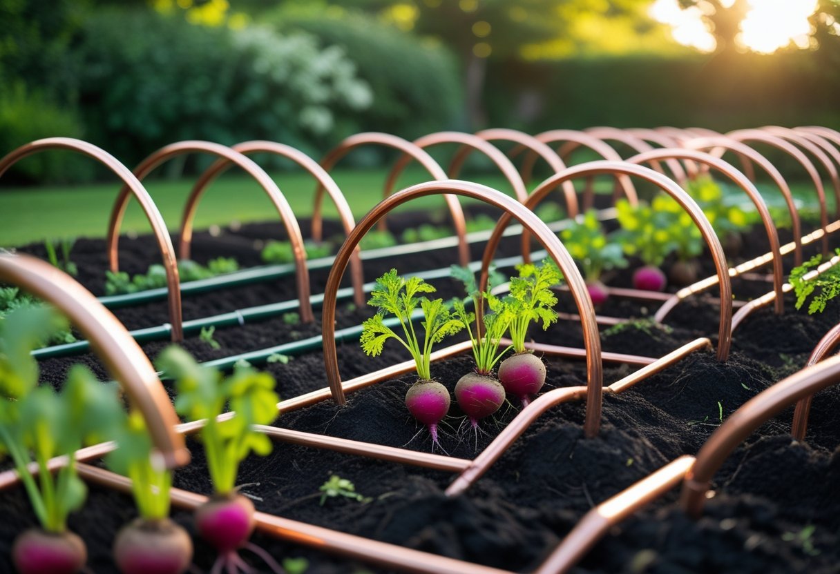 A garden with copper pipe tunnels arching over soil beds where young root vegetables are growing.