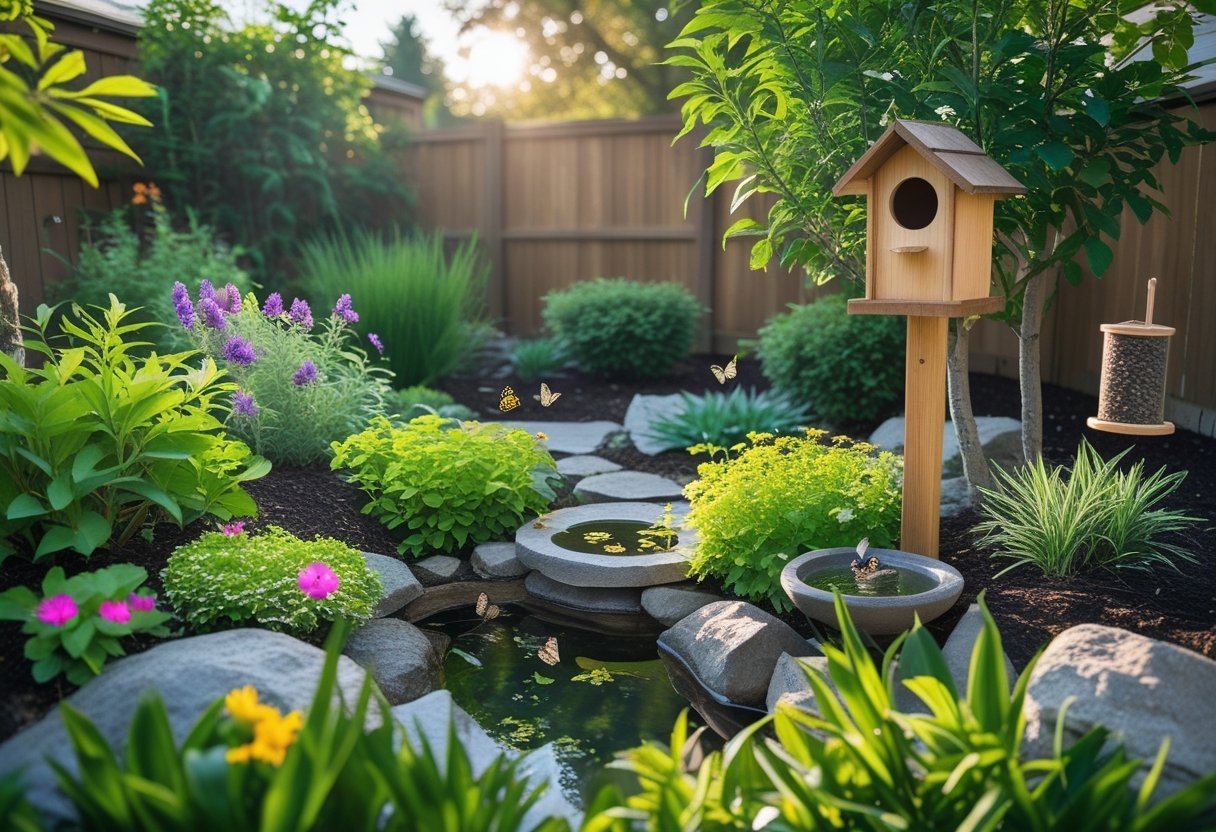 A backyard garden with native plants, a small pond, bird feeder, birdbath, and a birdhouse attracting birds, butterflies, and bees.