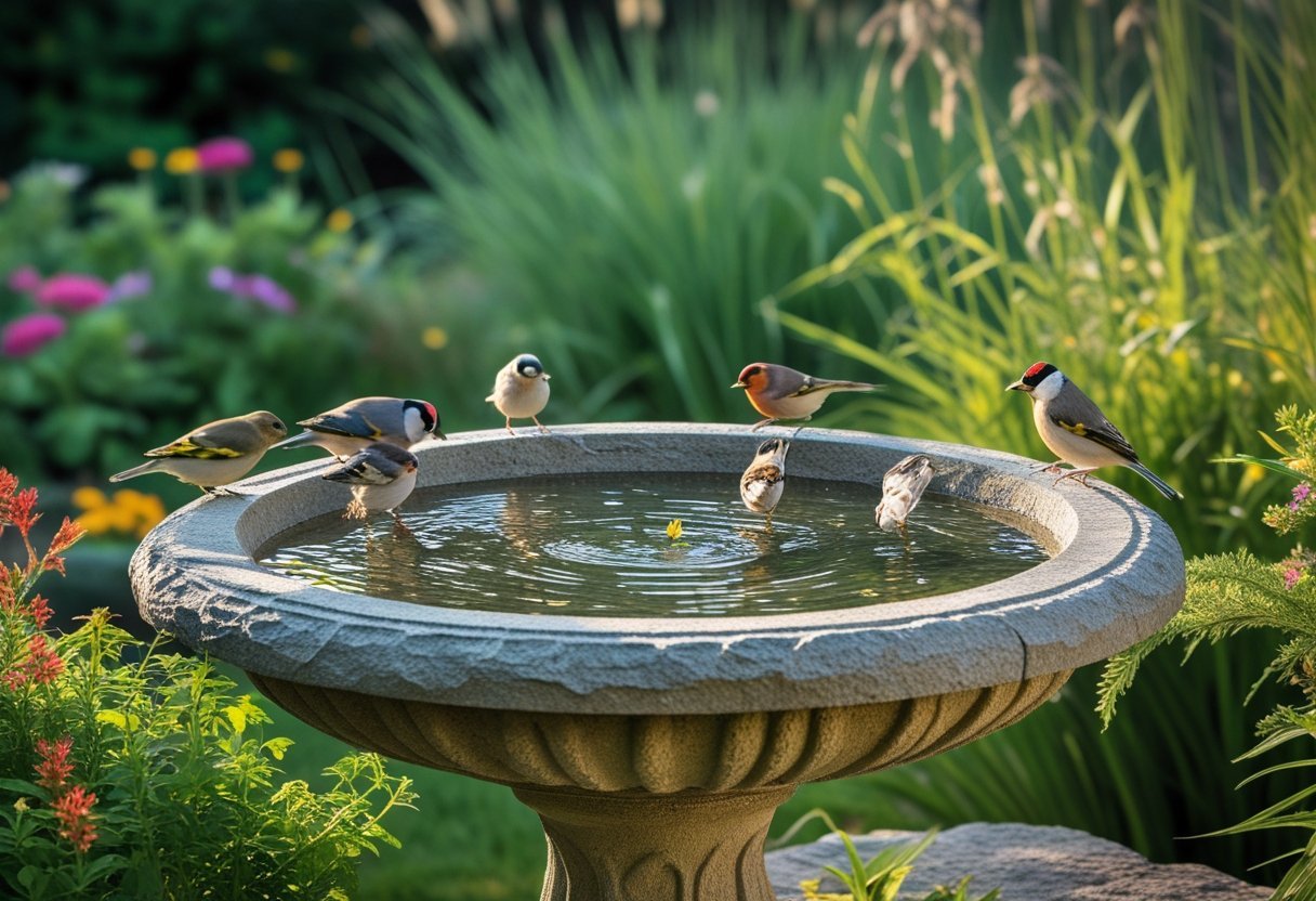 A backyard garden with a stone bird bath surrounded by plants and small birds drinking and bathing.