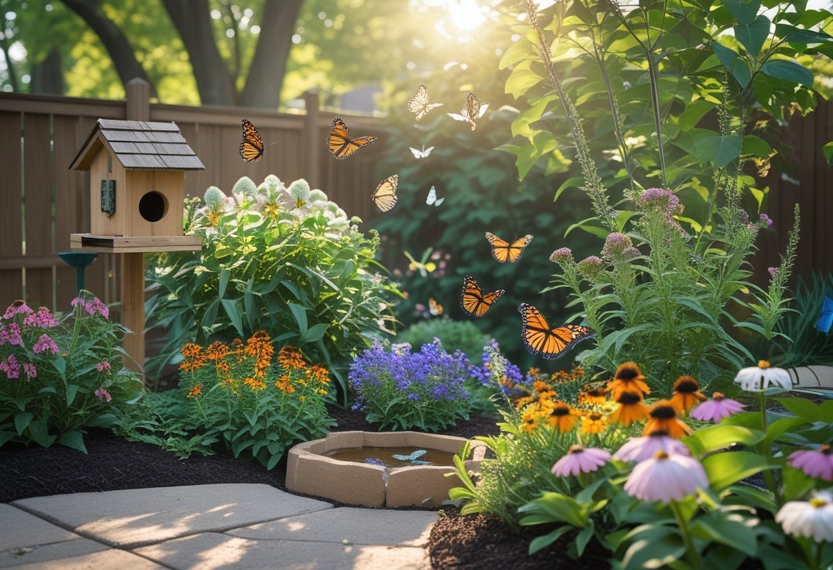 A backyard butterfly garden with colorful flowers and butterflies fluttering among plants under sunlight.