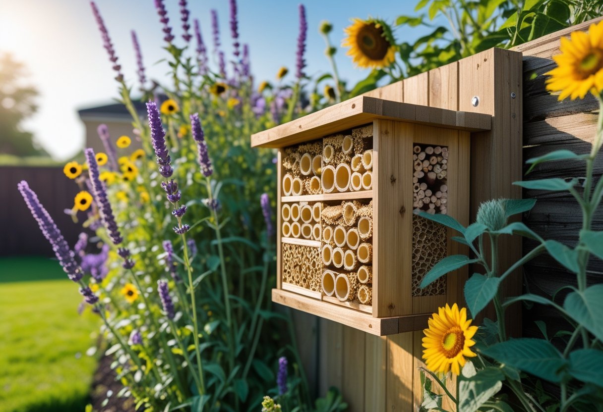 A backyard with a wooden bee hotel surrounded by flowering plants and greenery under a clear sky.