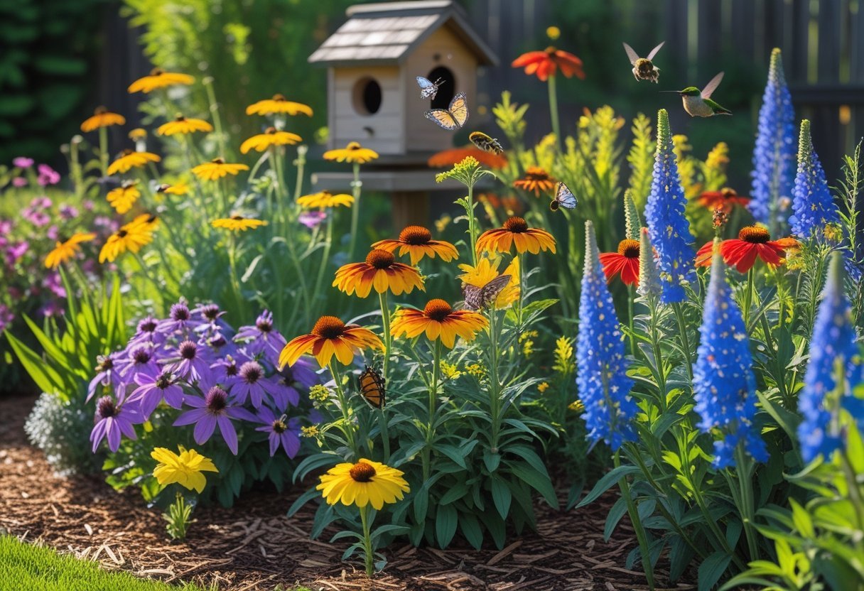 A backyard garden filled with colorful flowers attracting bees, butterflies, and hummingbirds, creating a lively pollinator-friendly habitat.